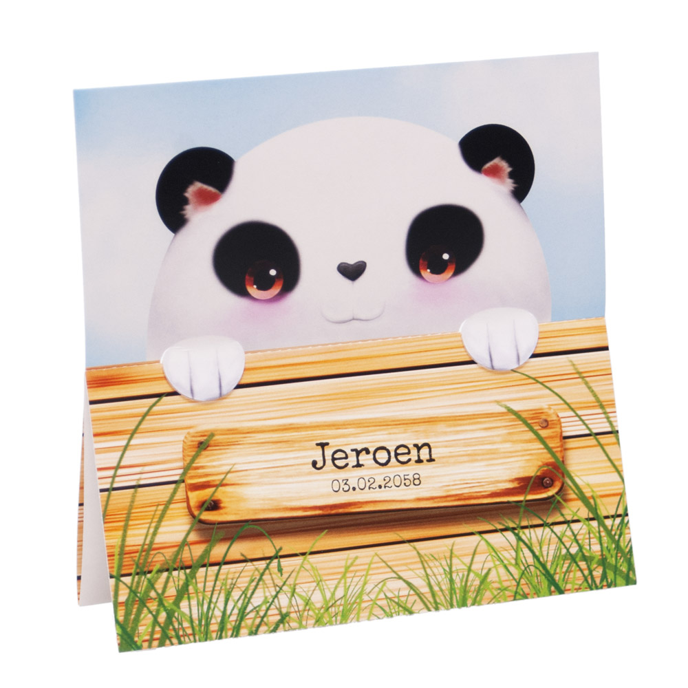 Gestanst geboortekaartje "Panda achter hekje" Gestanst geboortekaartje "Panda achter hekje"