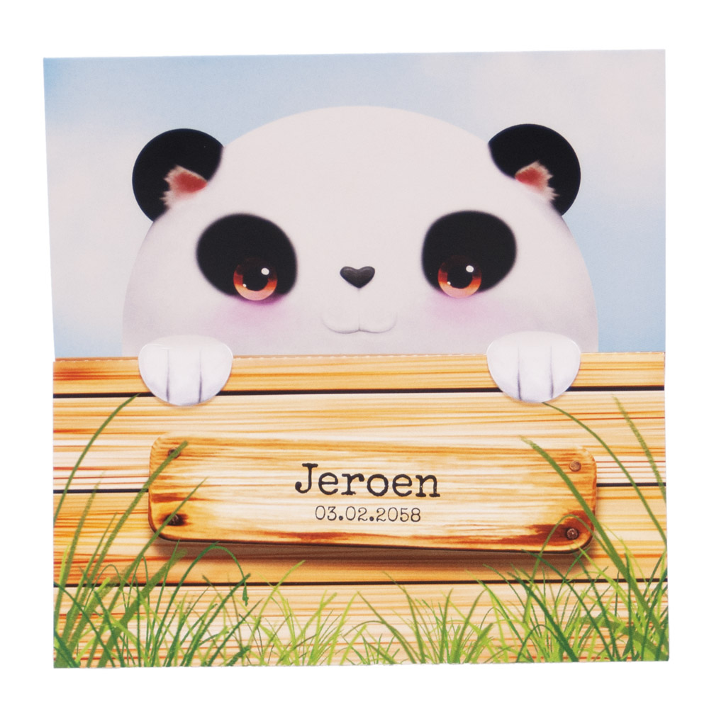 Gestanst geboortekaartje "Panda achter hekje" Gestanst geboortekaartje "Panda achter hekje"