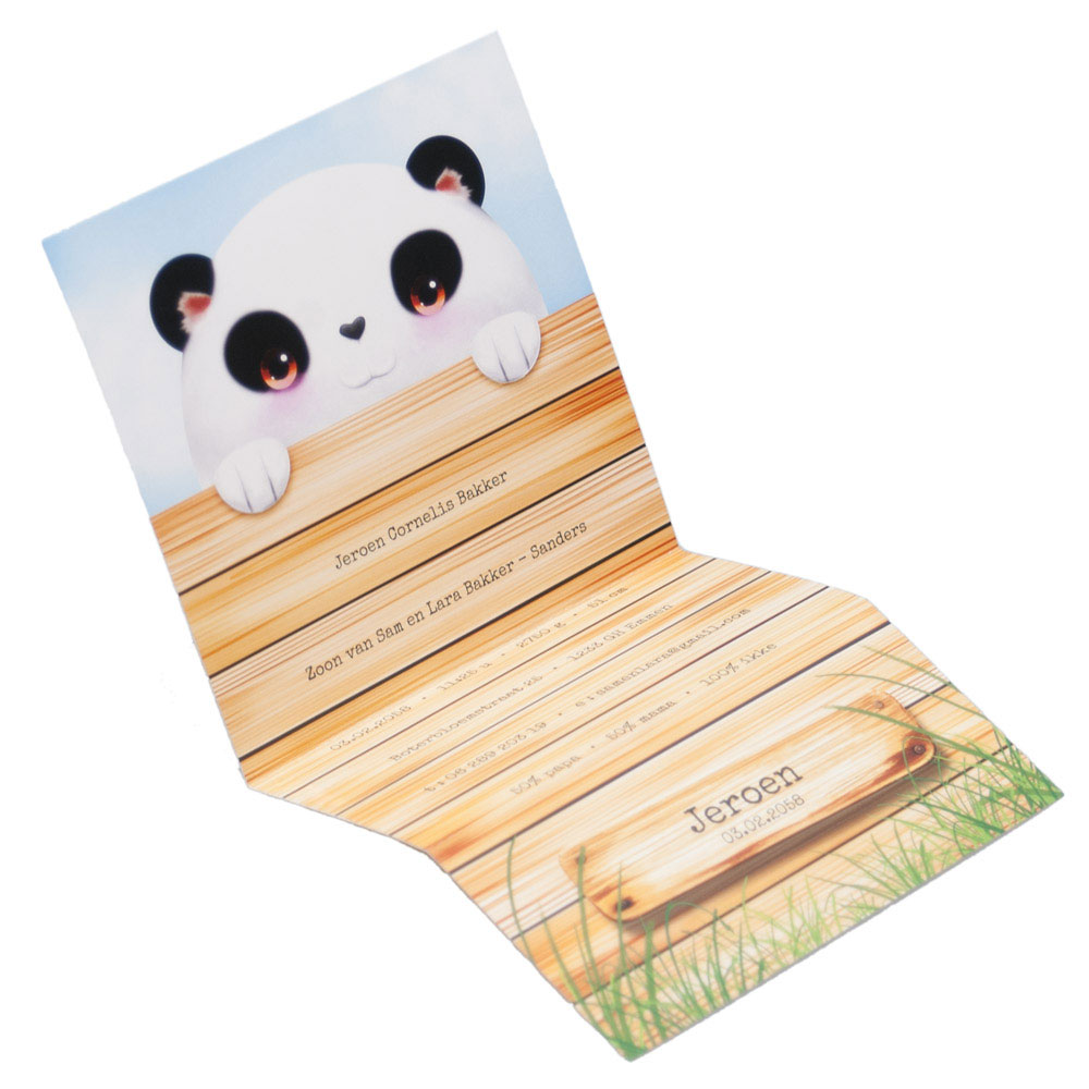 Gestanst geboortekaartje "Panda achter hekje" Gestanst geboortekaartje "Panda achter hekje"