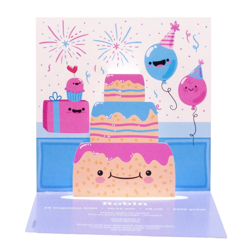 Gestanst geboortekaartje "Verjaardagstaart" Gestanst geboortekaartje "Verjaardagstaart"