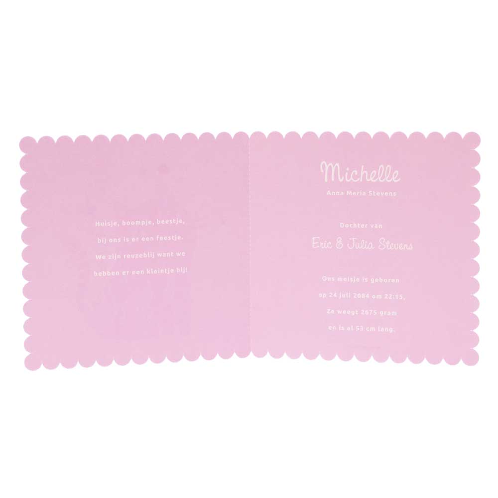 Gestanst geboortekaartje "Poesje Roze" Gestanst geboortekaartje "Poesje Roze"