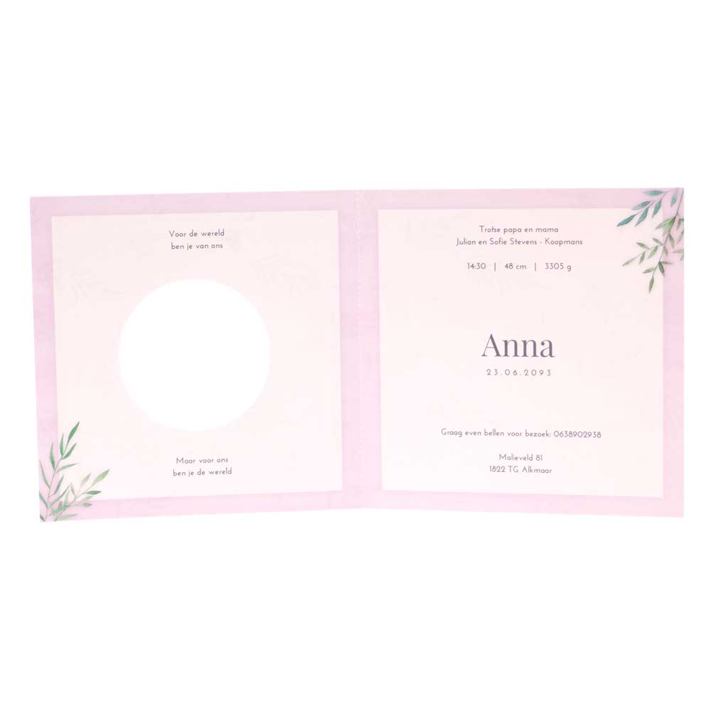 Gestanst geboortekaartje "Takjes - Oud roze" Gestanst geboortekaartje "Takjes - Oud roze"