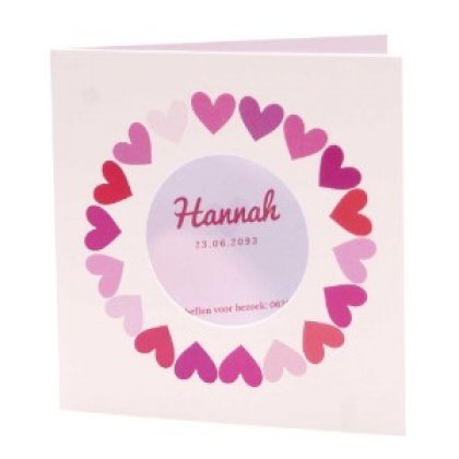 Gestanst geboortekaartje "Hartjes roze"