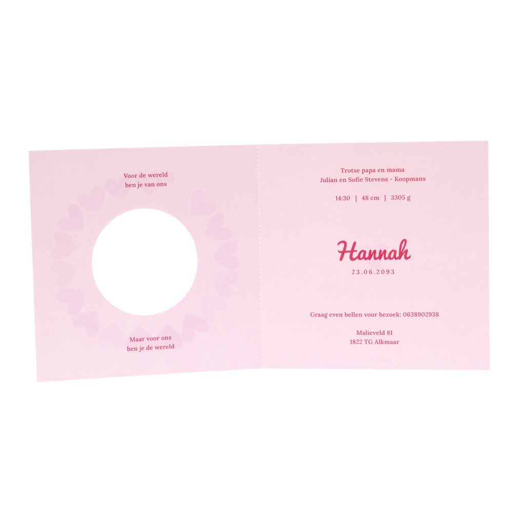 Gestanst geboortekaartje "Hartjes roze" Gestanst geboortekaartje "Hartjes roze"