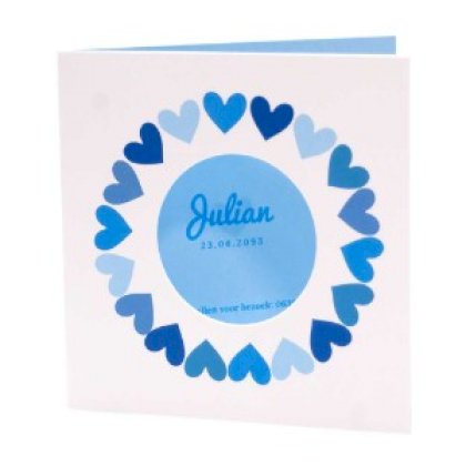 Gestanst geboortekaartje "Hartjes blauw"