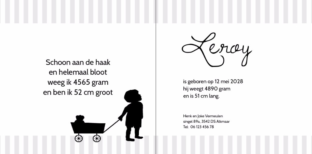 Geboortekaartje met kind en ballon op strepen Geboortekaartje met kind en ballon op strepen