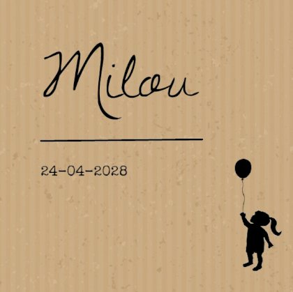 Geboortekaartje met  meisje met ballon op karton Geboortekaartje met  meisje met ballon op karton