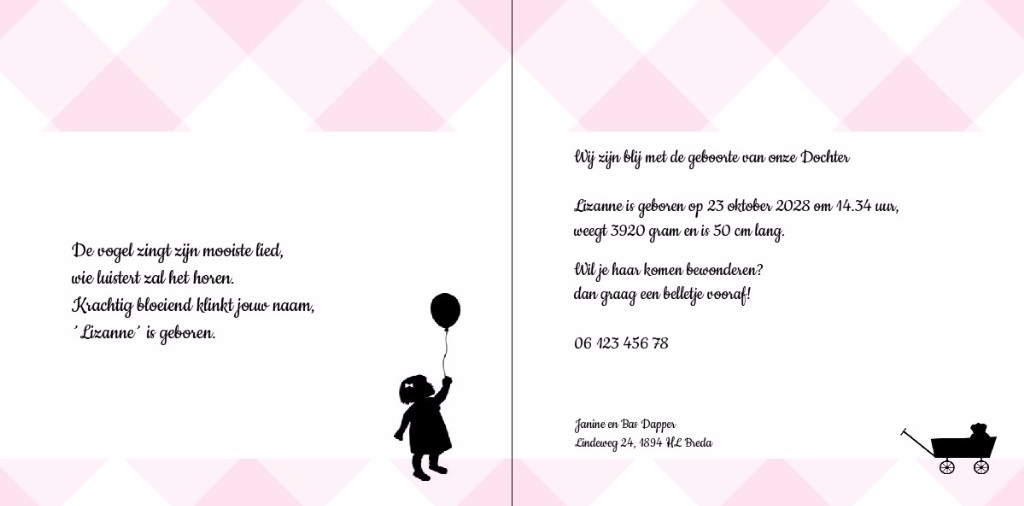 Geboortekaartje met meisje en ballon op geruite ondergrond Geboortekaartje met meisje en ballon op geruite ondergrond