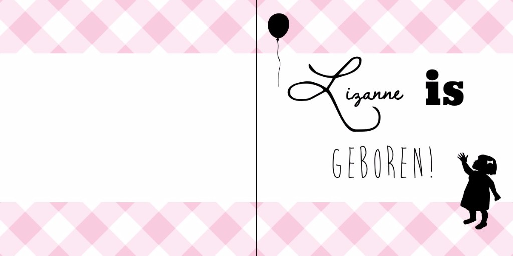 Geboortekaartje met meisje en ballon op geruite ondergrond Geboortekaartje met meisje en ballon op geruite ondergrond