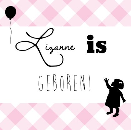 Geboortekaartje met meisje en ballon op geruite ondergrond Geboortekaartje met meisje en ballon op geruite ondergrond