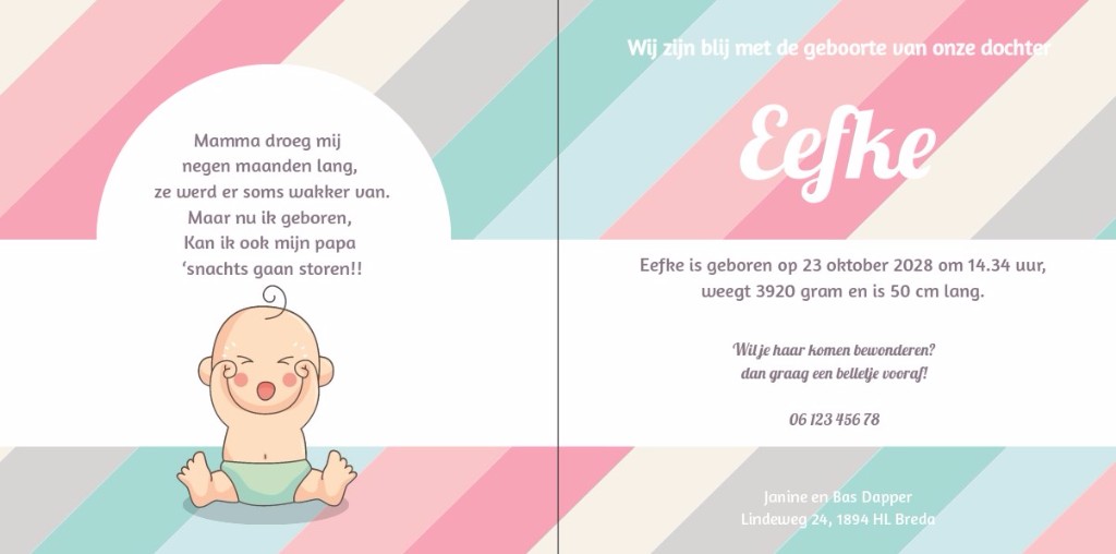 Gevouwen kaart "Baby op gekleurde strepen" Gevouwen kaart "Baby op gekleurde strepen"