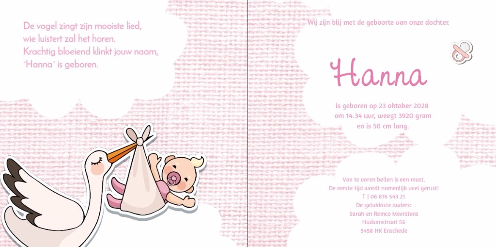 Geboortekaartje lieve ooievaar met baby op strepen Geboortekaartje lieve ooievaar met baby op strepen