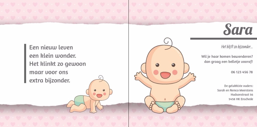 Geboortekaartje met ronde kader en roze strik op hartjes Geboortekaartje met ronde kader en roze strik op hartjes