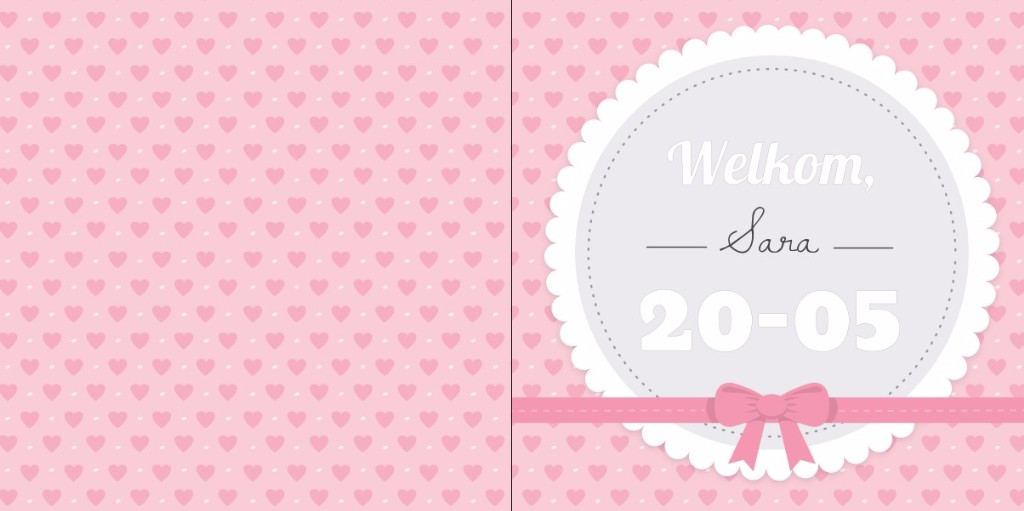 Geboortekaartje met ronde kader en roze strik op hartjes Geboortekaartje met ronde kader en roze strik op hartjes