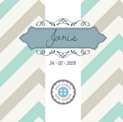 Geboortekaartje met button en sierlijk kader op strepen Geboortekaartje met button en sierlijk kader op strepen