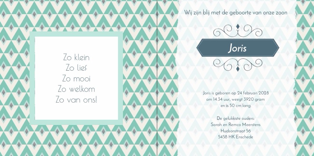 Geboortekaartje met button en sierlijk kader op strepen Geboortekaartje met button en sierlijk kader op strepen