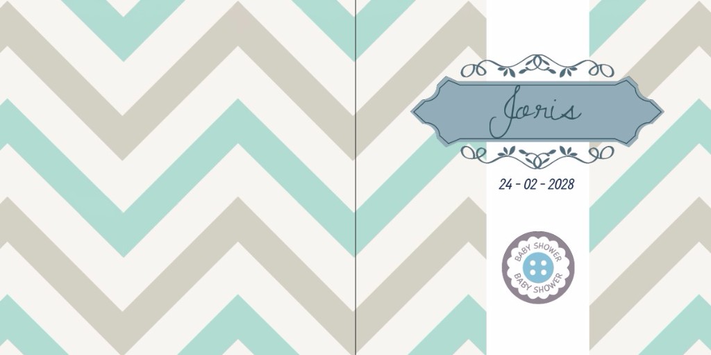 Geboortekaartje met button en sierlijk kader op strepen Geboortekaartje met button en sierlijk kader op strepen