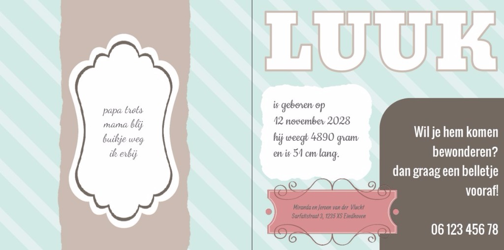 Geboortekaartje met bruin sierlijk kader en hippe achtergrond Geboortekaartje met bruin sierlijk kader en hippe achtergrond