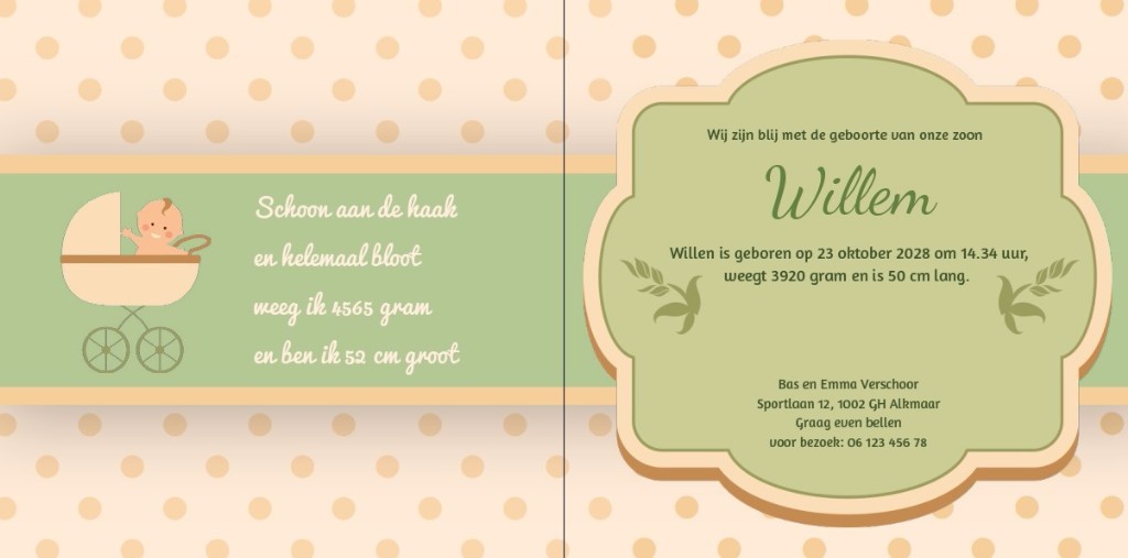 Geboortekaartje met baby in kinderwagen en kader Geboortekaartje met baby in kinderwagen en kader