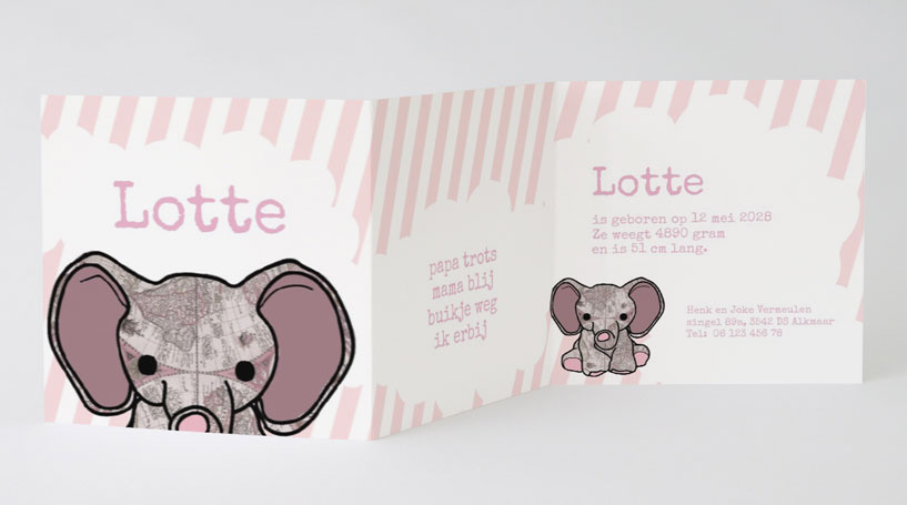 Drieluik kaart "Olifantje roze" Drieluik kaart "Olifantje roze"