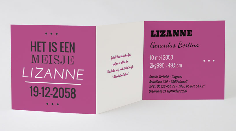Drieluik kaart "Het is een meisje - paars" Drieluik kaart "Het is een meisje - paars"