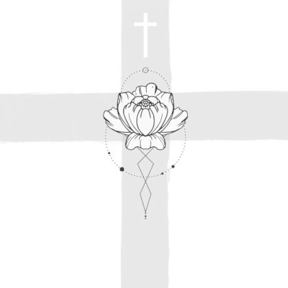 Gevouwen rouwkaart "getekende bloem op grijs kruis" Gevouwen rouwkaart "getekende bloem op grijs kruis"