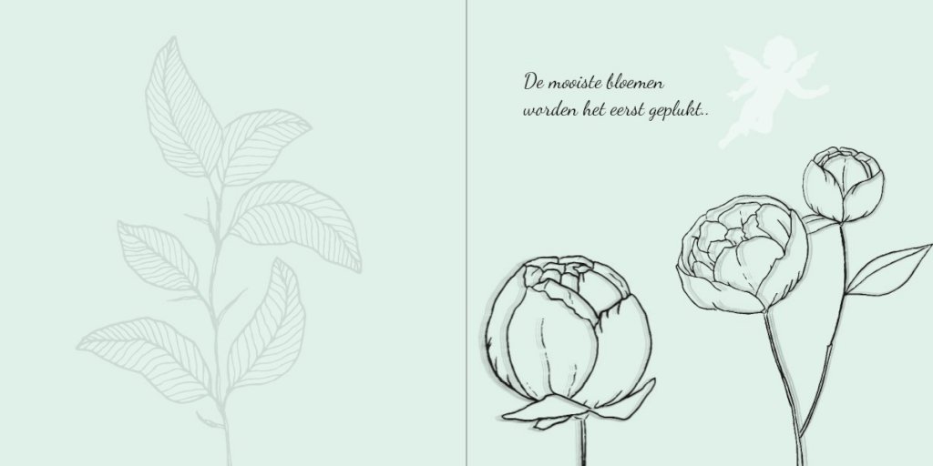 Rouwkaart bloemen met engeltje op groen en foto aan binnenzijde Rouwkaart bloemen met engeltje op groen en foto aan binnenzijde
