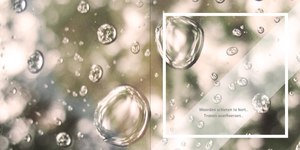 Rouwkaart afbeelding waterdruppels op glas en foto aan binnenzijde Rouwkaart afbeelding waterdruppels op glas en foto aan binnenzijde