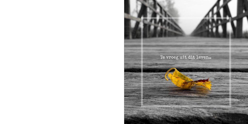 Rouwkaart afbeelding blad op houten brug en foto aan binnenzijde Rouwkaart afbeelding blad op houten brug en foto aan binnenzijde