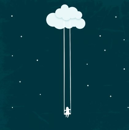 Rouwkaart schommelend kind aan wolk en foto aan binnenzijde
