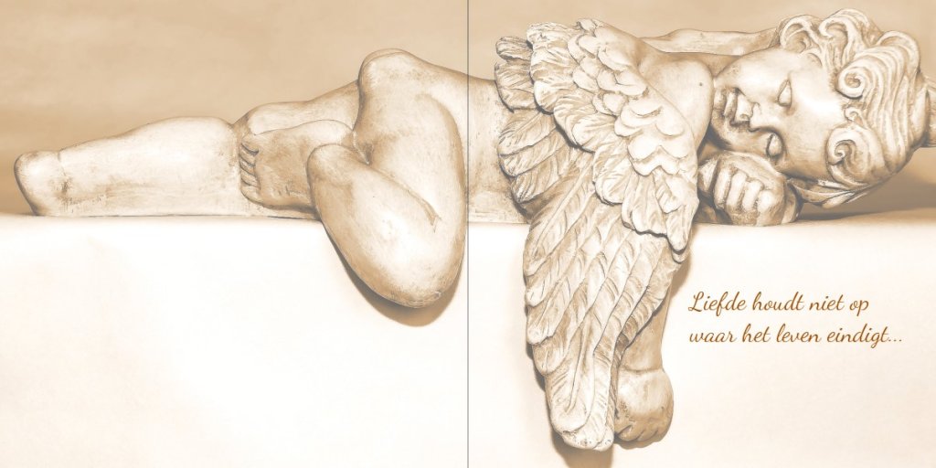 Gevouwen rouwkaart met liggende engel Gevouwen rouwkaart met liggende engel