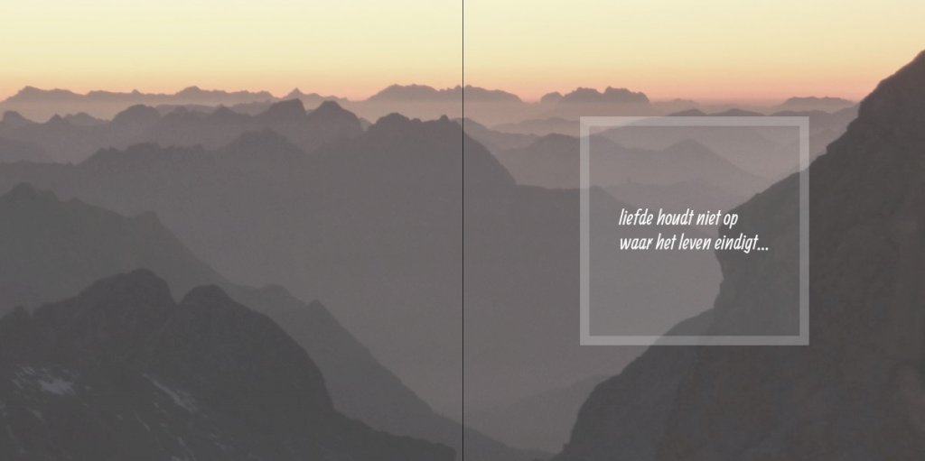 Rouwkaart afbeelding berglandschap en zonsondergang en foto aan binnenzijde Rouwkaart afbeelding berglandschap en zonsondergang en foto aan binnenzijde