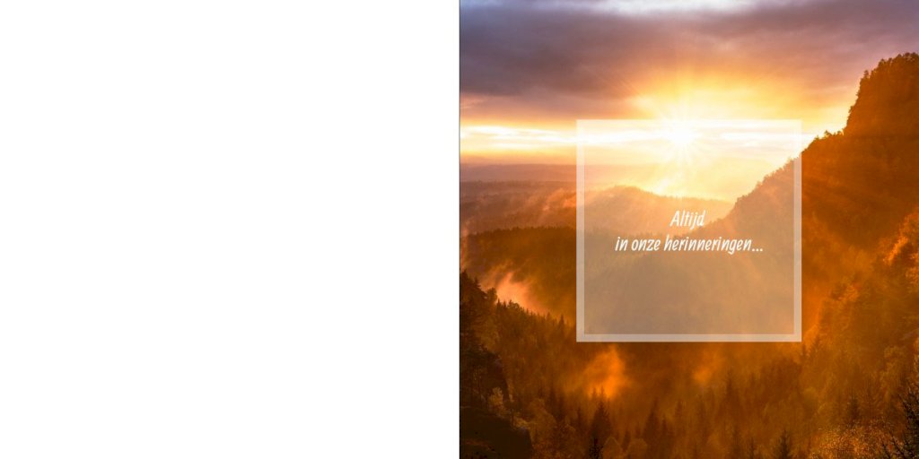 Rouwkaart afbeelding berglandschap met zonsondergang en foto aan binnenzijde Rouwkaart afbeelding berglandschap met zonsondergang en foto aan binnenzijde