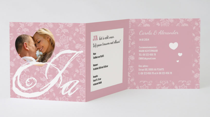 Drieluik fotokaart "Ja! & Roze" Drieluik fotokaart "Ja! & Roze"