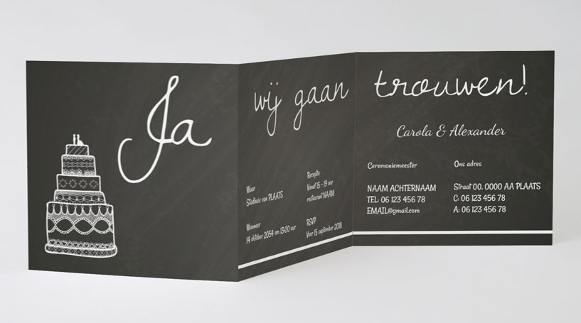 Drieluik trouwkaart "Taart & Krijtbord" Drieluik trouwkaart "Taart & Krijtbord"