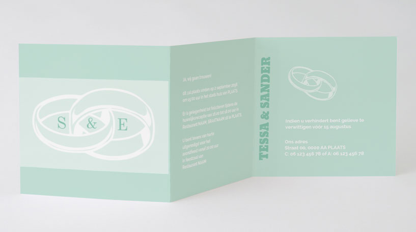 Drieluik trouwkaart "Ringen & Mintgroen" Drieluik trouwkaart "Ringen & Mintgroen"