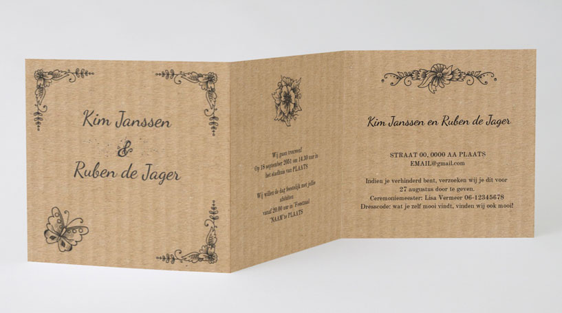 Drieluik trouwkaart "Vlinder & Bruin karton"