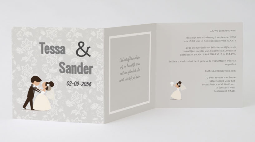 Drieluik trouwkaart "Dansend bruidspaar & Grijs"
