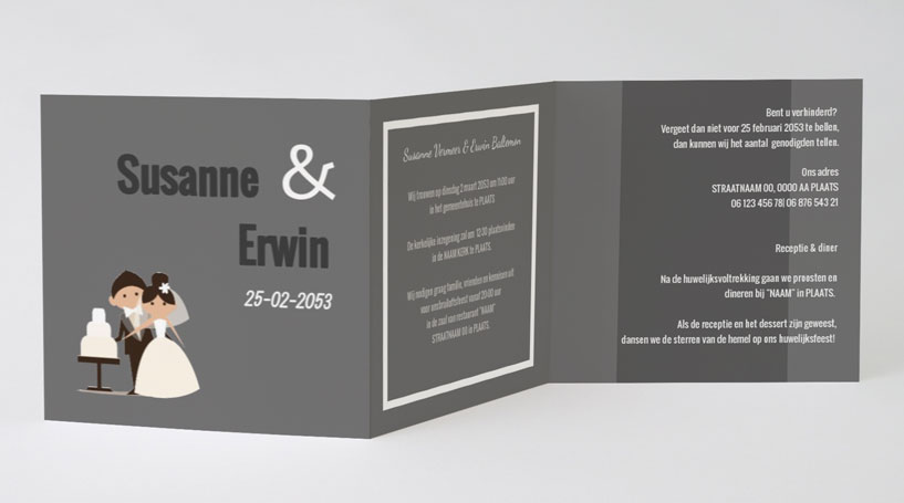 Drieluik trouwkaart "Taart aansnijden & Grijs" Drieluik trouwkaart "Taart aansnijden & Grijs"