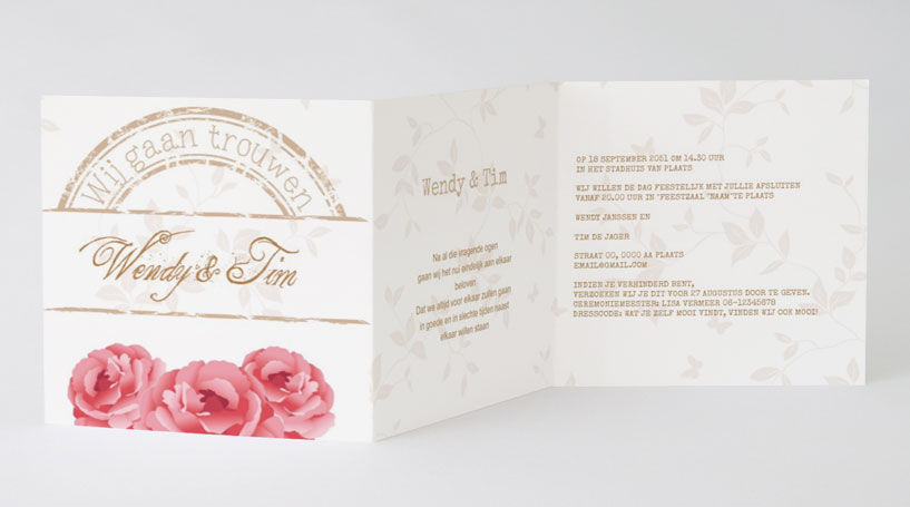 Drieluik trouwkaart "Rozen & Stempel" Drieluik trouwkaart "Rozen & Stempel"