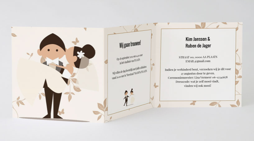 Drieluik trouwkaart "Verliefd bruidspaar" Drieluik trouwkaart "Verliefd bruidspaar"