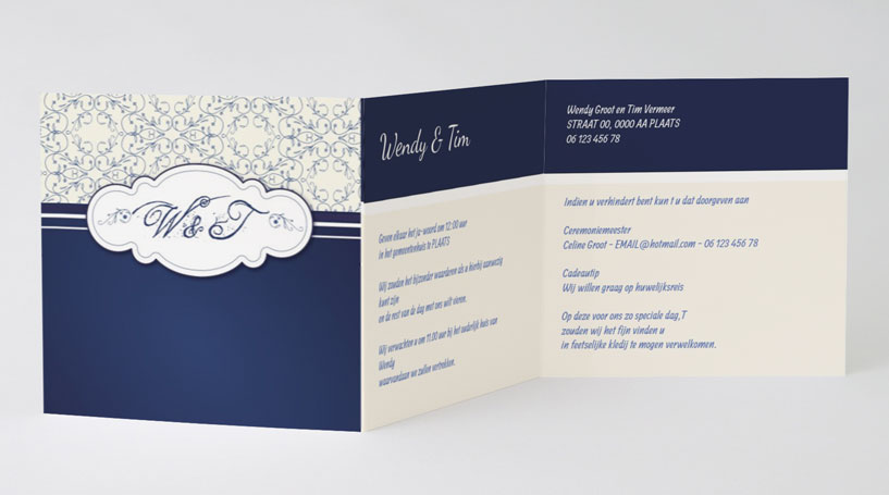 Drieluik trouwkaart "Delfsblauw" Drieluik trouwkaart "Delfsblauw"