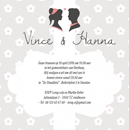 Magneetkaartje contour bruidspaar met kader op bloemen