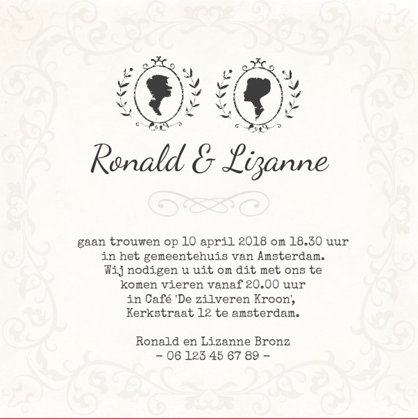 Magneetkaartje omlijst bruidspaar op sierlijke achtergrond Magneetkaartje omlijst bruidspaar op sierlijke achtergrond