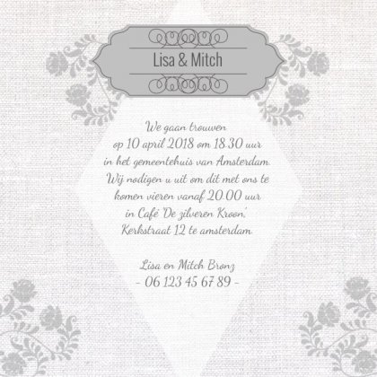 Magneetkaartje met sierlijk kader en bloemen op stof