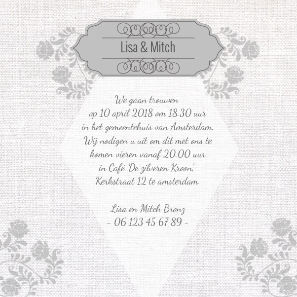 Magneetkaartje met sierlijk kader en bloemen op stof Magneetkaartje met sierlijk kader en bloemen op stof