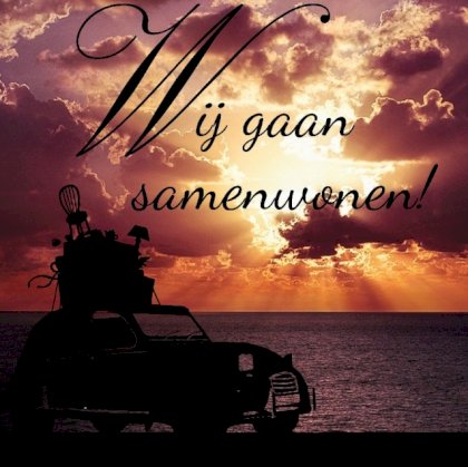 Samenwonen kaartje met zonsopgang aan zee met contour auto Samenwonen kaartje met zonsopgang aan zee met contour auto