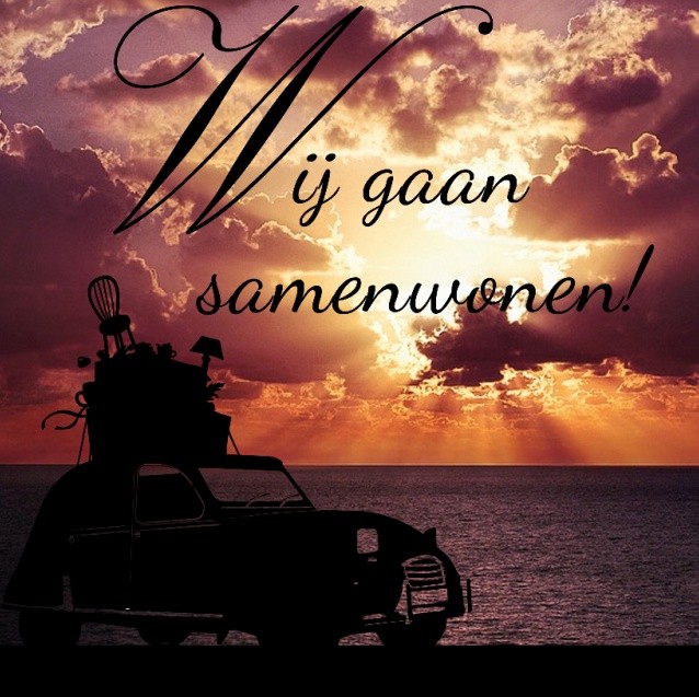 Samenwonen kaartje met zonsopgang aan zee met contour auto Samenwonen kaartje met zonsopgang aan zee met contour auto