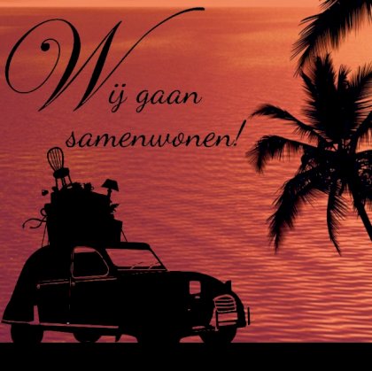 Samenwonen kaart met avondrood aan zee met palmen