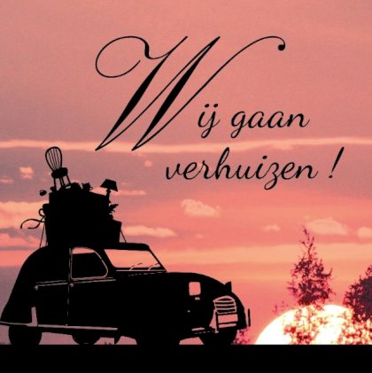 Verhuiskaart met zonsondergang en contour auto